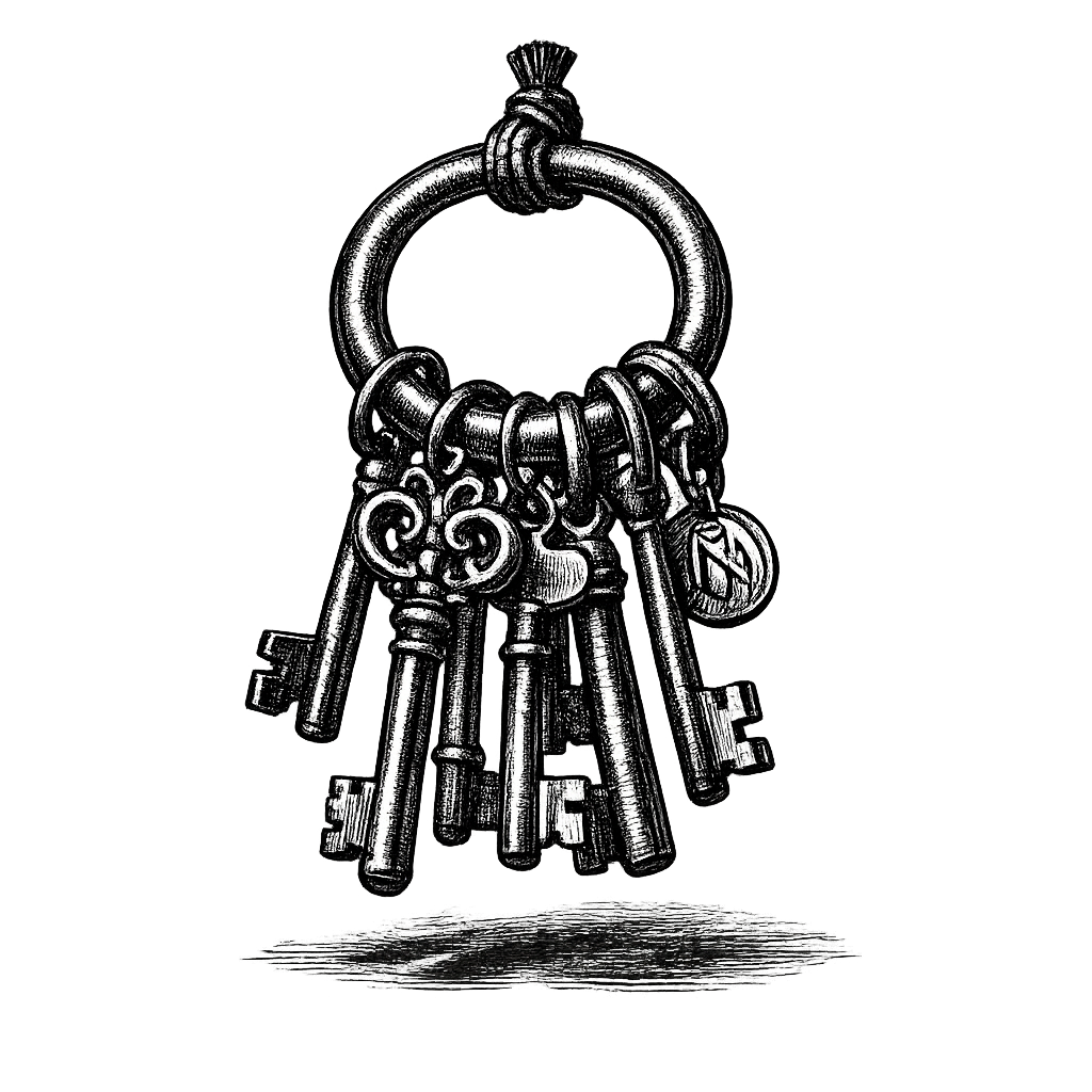 Engraving of a keyring with vintage keys, illustrating scoped read-only access you can revoke at any time