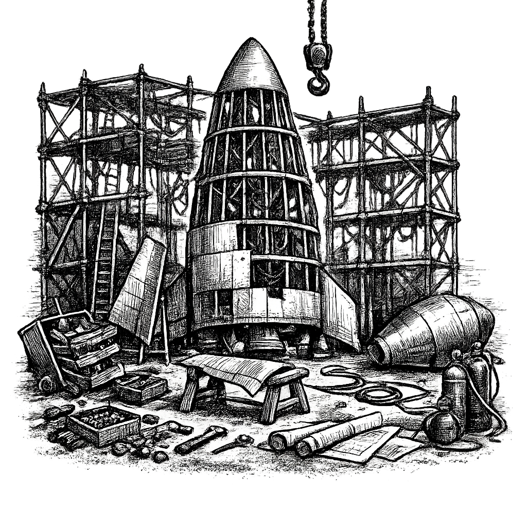 A half-built rocket in a chaotic hangar