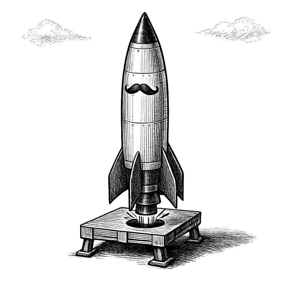 A finished rocket on its launch pad, ready to fly