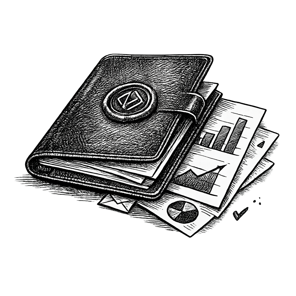 A polished client report folder with pages fanning out, charts and graphs visible on the pages
