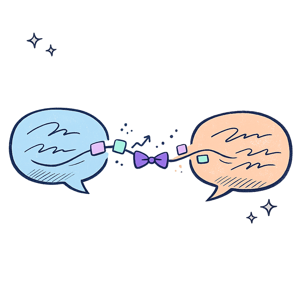 Two speech bubbles linked by a purple bow tie