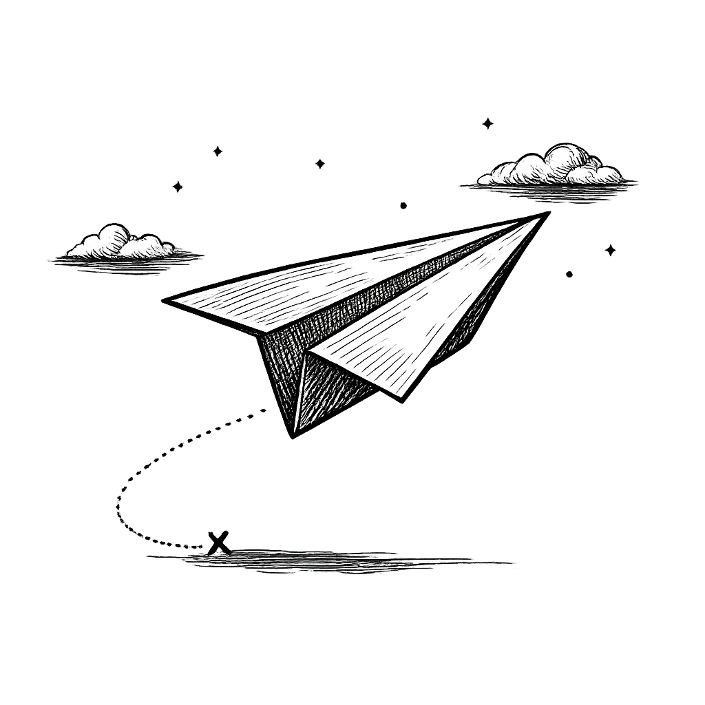 A paper plane in mid-flight above a faint horizon line, drawn in vintage engraving style