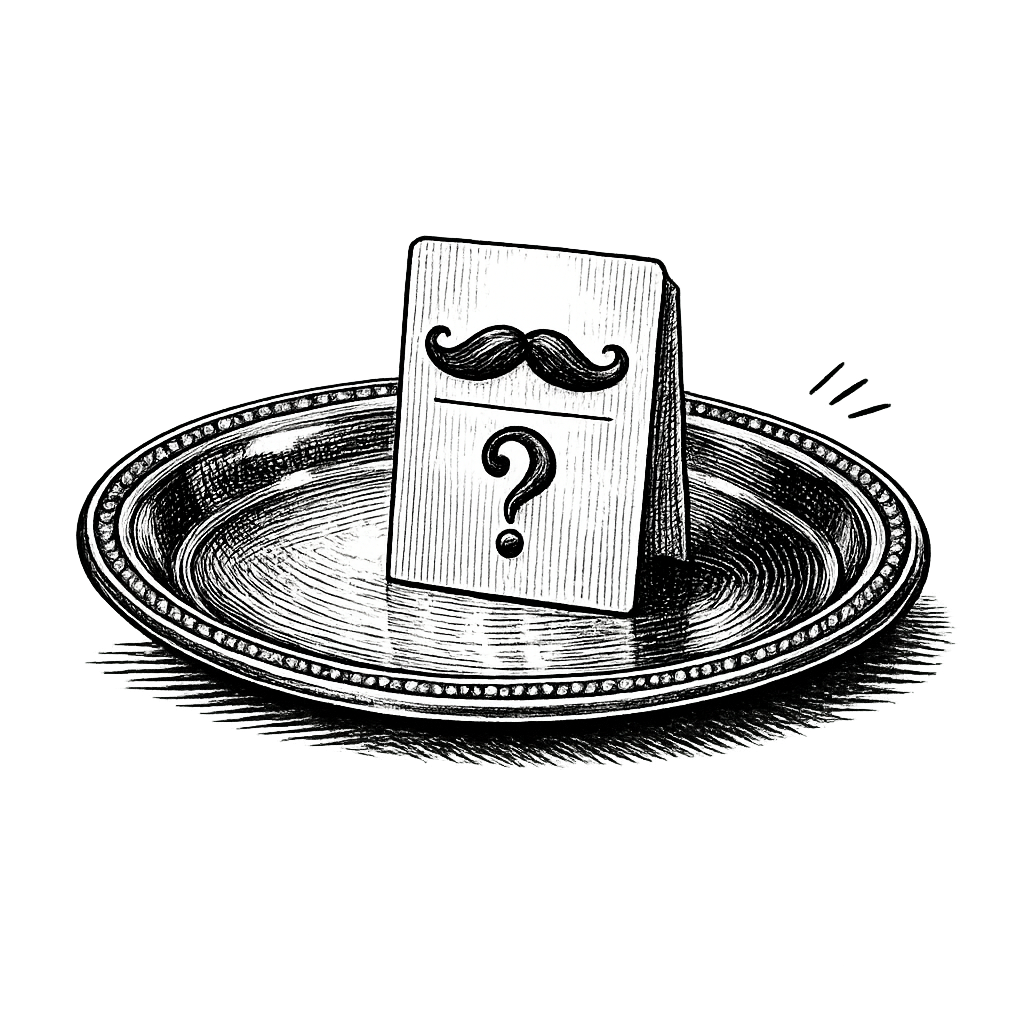 Polished silver butler's salver presenting a folded calling card, the card engraved with the Roger handlebar mustache and an ornate question mark beneath