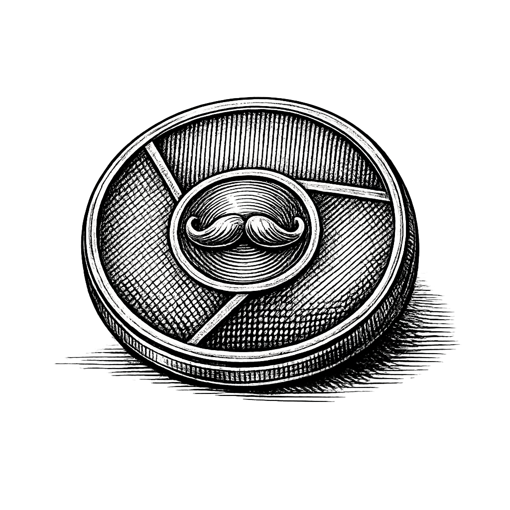 Brass medallion engraved in the shape of the Chrome browser mark, with the Roger handlebar mustache at its centre