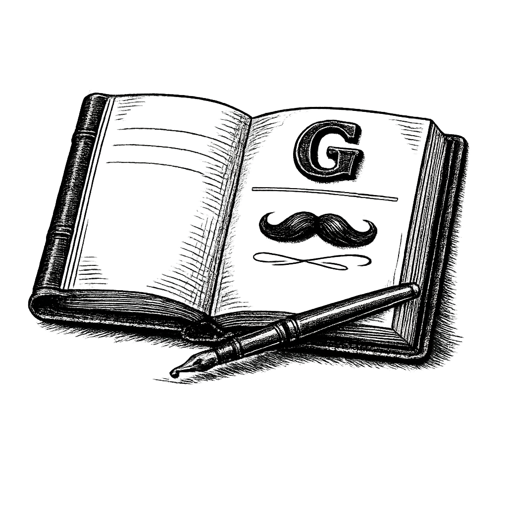 Open leather-bound visitor book on a desk, the Google G letterform embossed as the page's letterhead, the Roger handlebar mustache engraved as a flourishing signature beneath, a dip pen resting mid-entry