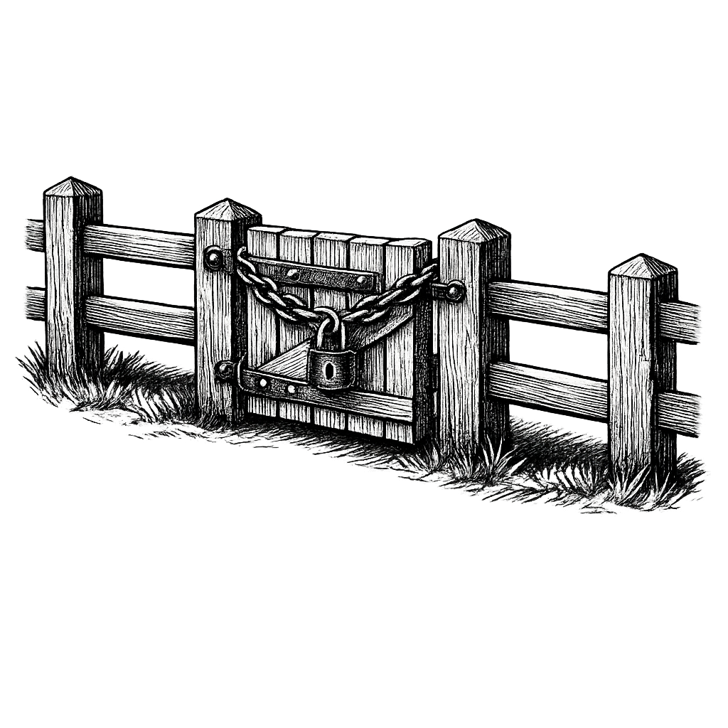 A wooden post-and-rail fence with a closed, padlocked gate, drawn in vintage engraving style